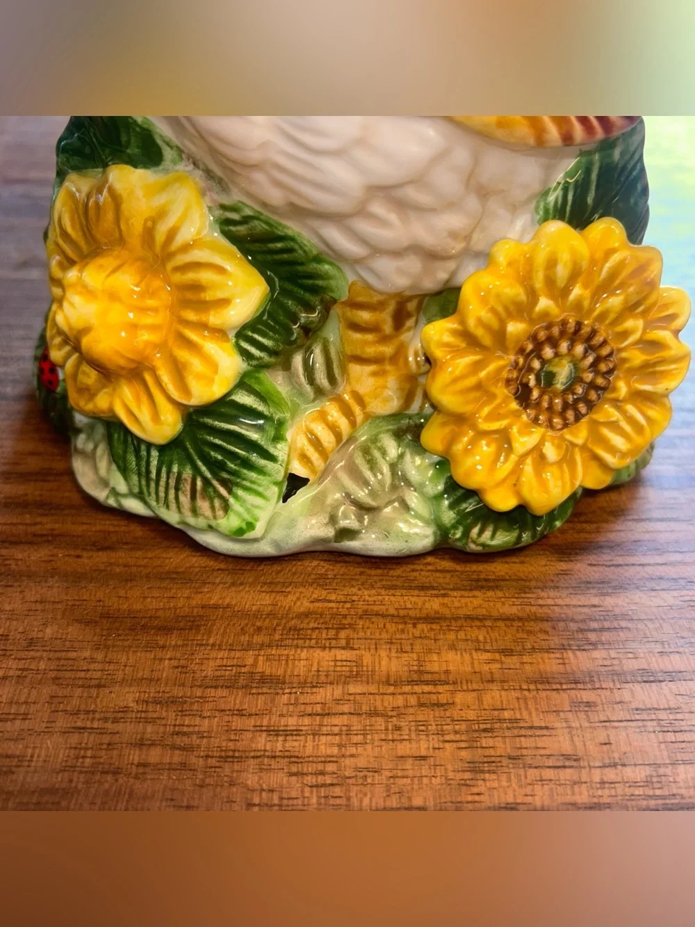 Ceramic Rooster chicken Pitcher Nestled in Sunflowers Ladybugs Colorful 10.5
